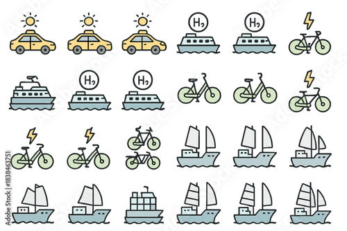 Icons of different transportation modes including cars, bicycles, boats, and their relation to energy sources such as hydrogen and electricity