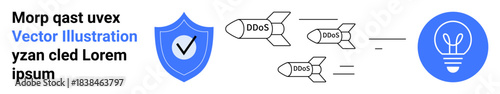 Cybersecurity, DDoS attack prevention, digital protection, idea security, online data defense, network stability. A shield deflecting labeled missiles targeting a lightbulb. Cybersecurity and DDoS