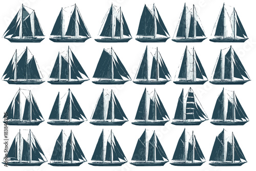 Various sailboats displayed in a grid pattern showing different designs and shapes in a simple black and white style