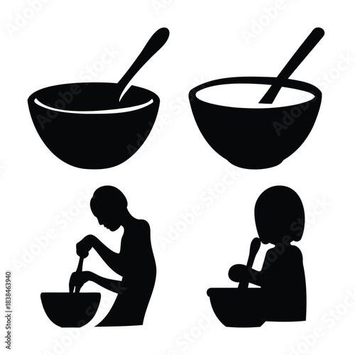 Icons of bowls, spoons, and people mixing and eating food