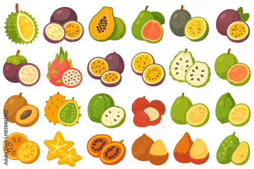 Various fruits displayed in a colorful arrangement showcasing different types and shapes on a white background