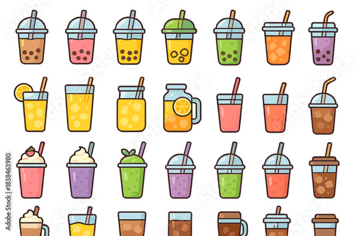 Different types of drinks displayed in a grid with various colors and containers