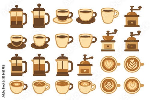 Collection of coffee cups, brewing devices, and coffee grinders in simple design and warm colors on a white background