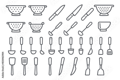 Different types of kitchen tools and utensils used for food preparation and cooking displayed in a simple layout
