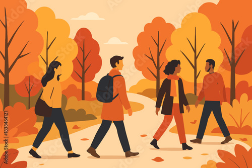 Group of people walking through autumn trees on a trail during daytime in a vibrant, colorful landscape with fall leaves