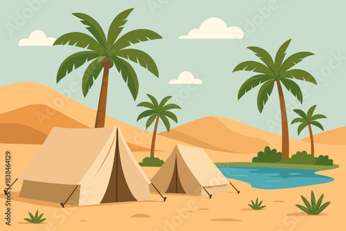 Camping near a river in a desert landscape with tents and palm trees under a blue sky