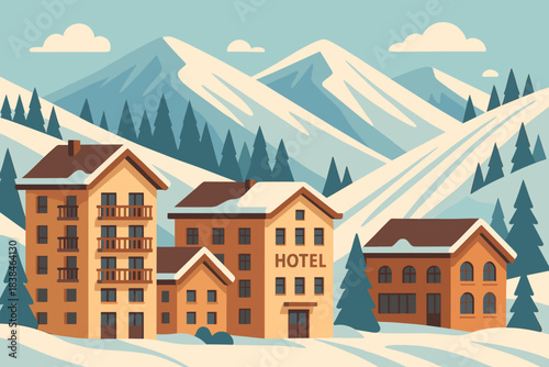 Ski resort with hotel buildings surrounded by mountains and trees in winter landscape