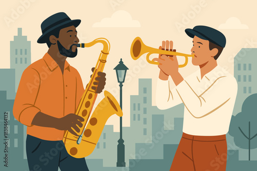 Musicians play saxophone and trumpet in a city setting on a sunny day