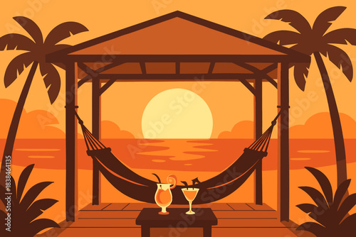 Sunset view from a beach hut with a hammock and drinks in a tropical setting during evening hours