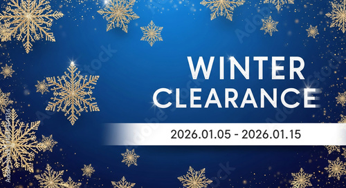 Blue background with golden snowflake illustration, representing a winter season sale event or promotion, inviting a sense of festive holiday cheer