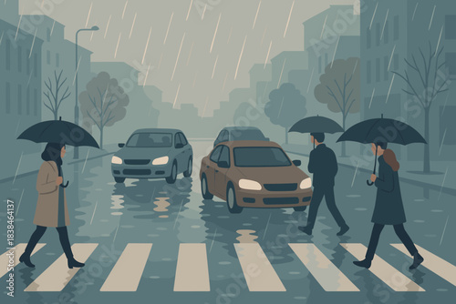 People crossing a street with umbrellas during rain in a city setting with cars nearby and overcast skies
