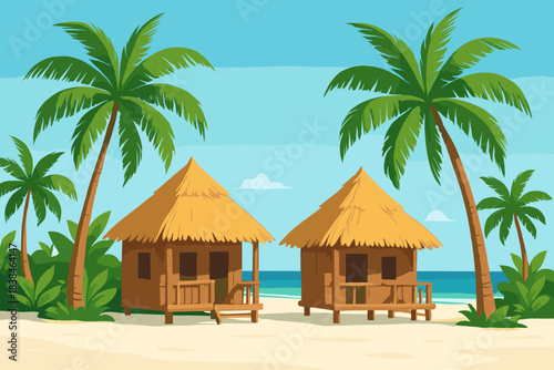 Tropical beach scene with two wooden huts surrounded by palm trees on a sunny day
