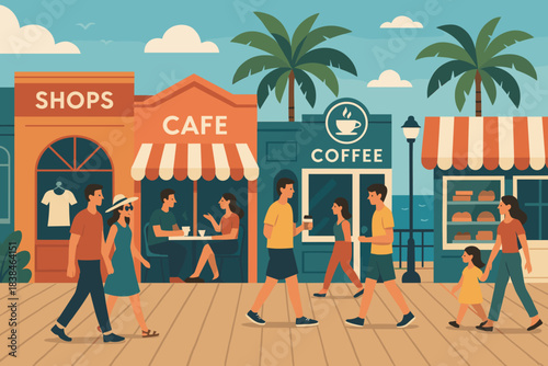 People walk past shops and a cafe by the shore during a sunny day with palm trees in the background