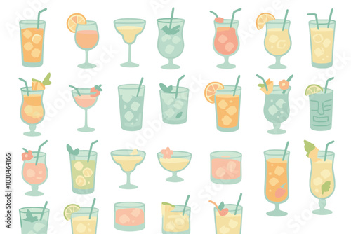 Colorful drinks in various glasses with different fruits and decorations on a white background