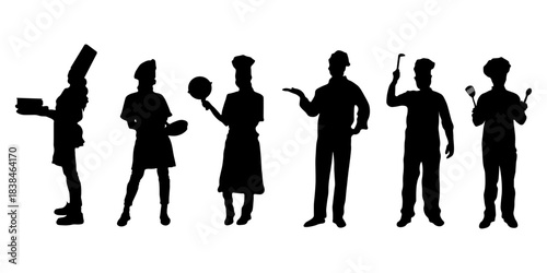 Vector set of chef and cook silhouettes in various poses with kitchen utensils. Perfect for restaurant branding, culinary design, menus, food industry graphics, logos, and educational materials