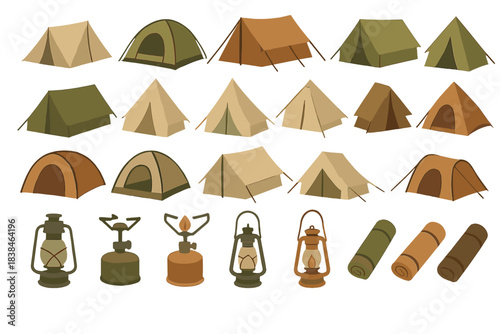 Various types of tents and camping equipment arranged in a simple layout for easy viewing and selection