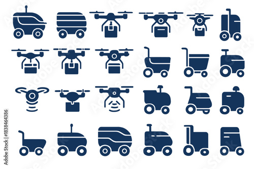 Different types of delivery vehicles and drones are shown in a grid layout on a plain background