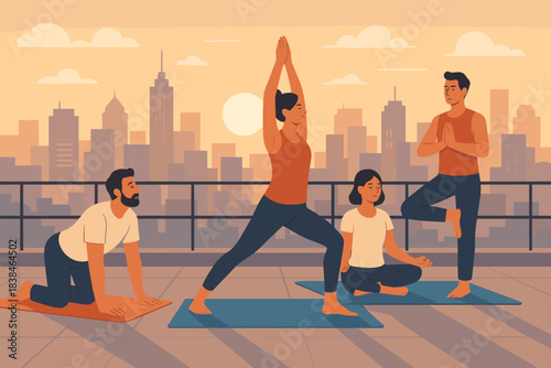 Group of people doing yoga on a rooftop during sunset in a city with tall buildings in the background