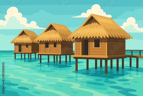 Wooden houses on stilts in blue water under a clear sky with clouds in the background