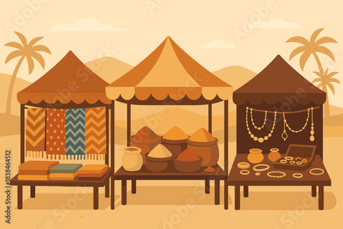 Market stalls display fabrics, spices, and jewelry under tents in a desert setting during daytime