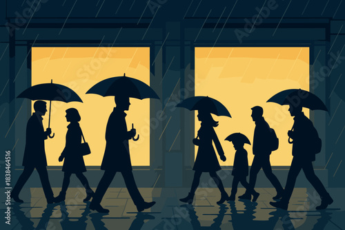 People walk with umbrellas in the rain by shop windows during evening in a city