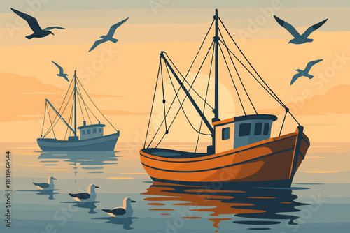 Fishing boats and seagulls on water during sunset