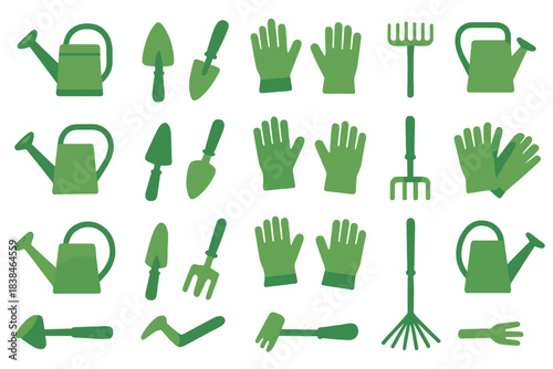 Gardening tools and equipment arranged in a pattern with various watering cans, trowels, gloves, and rakes on a white background