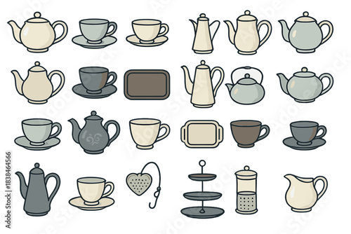 Various types of teapots and cups arranged on a plain background for display purposes