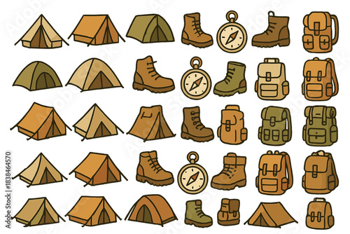 Illustration of camping gear including tents, boots, and backpacks in various styles and arrangements