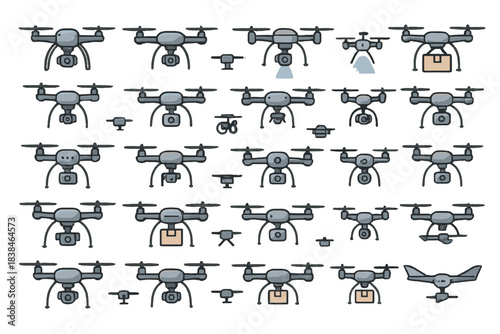 Different types of drones used for various tasks like delivery, photography, and surveillance in different settings