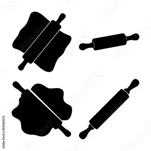 Baking kitchen tools: rolling pin and dough silhouette icons