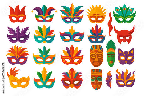 Colorful masks for a festival celebration featuring various designs and styles set against a plain background