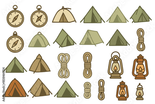 Camping gear collection featuring tents, compasses, lanterns, and ropes arranged in an organized pattern suitable for outdoor activities