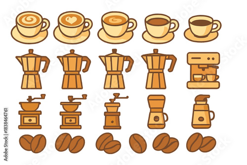 Different types of coffee drinks and brewing equipment arranged in a simple design