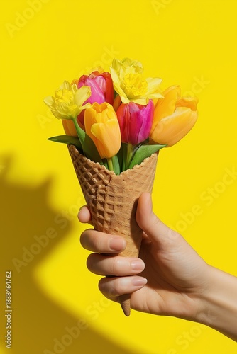 Colorful tulip and daffodil bouquet in waffle cone against yellow background