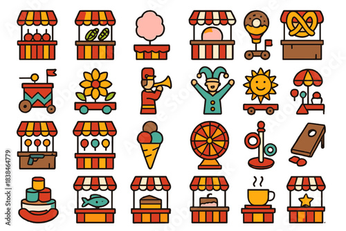 Colorful market stalls with various food items, games, and carnival activities during a festive gathering event in the park