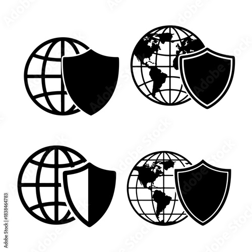world globe security guard with shield protects internet connection network silhouette pack