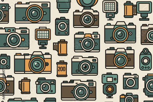 Pattern of different cameras with various designs and colors on a light background creating a repetitive scene