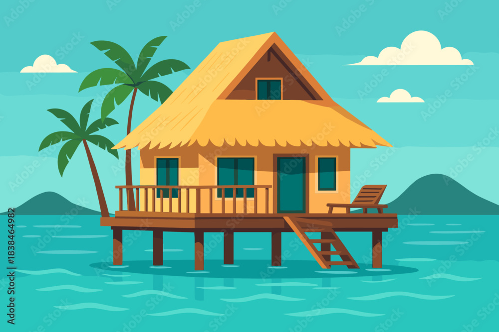 Obraz premium Wooden house on stilts surrounded by water with palm trees in tropical setting and mountains in background during sunny day