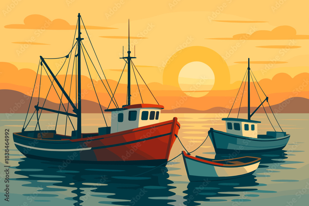 custom made wallpaper toronto digitalSunset scene with fishing boats on calm water near distant hills