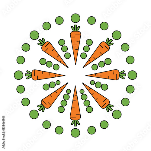 Carrots and green peas arranged in circular pattern vector illustration design
