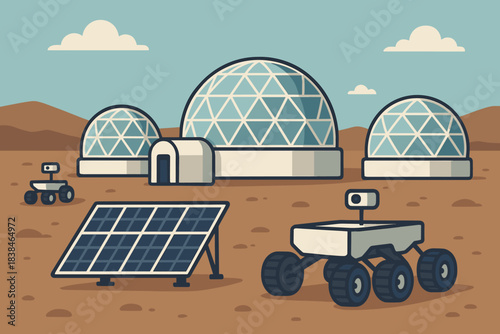 Robots and domes on a distant planet in a landscape with solar panels and clouds