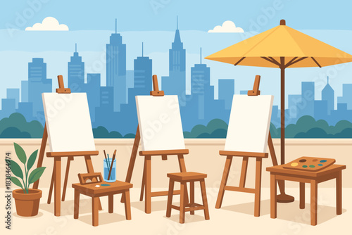 Outdoor art space with empty canvases and city skyline in sunny weather