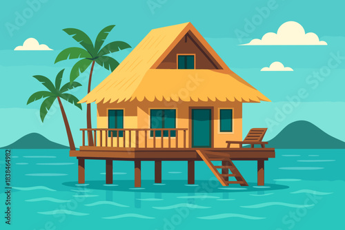 Wooden house on stilts surrounded by water with palm trees in tropical setting and mountains in background during sunny day