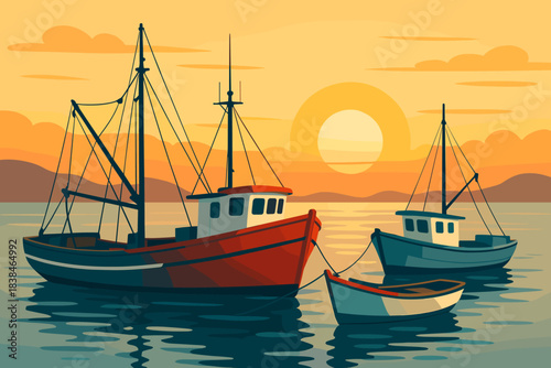 Sunset scene with fishing boats on calm water near distant hills