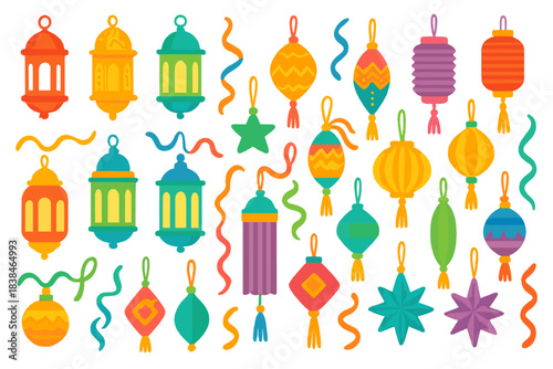 Colorful hanging decorations and lanterns designed for celebrations