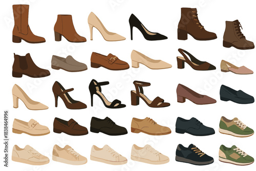 Different styles of shoes displayed in a grid format showing various designs and colors for various occasions