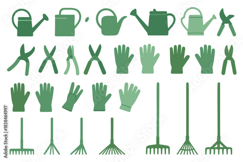Tools used for gardening and planting displayed in a simple arrangement on a white background with various shades of green