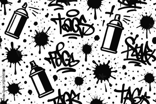 Graffiti design featuring spray cans and ink splatters with black elements on a white background