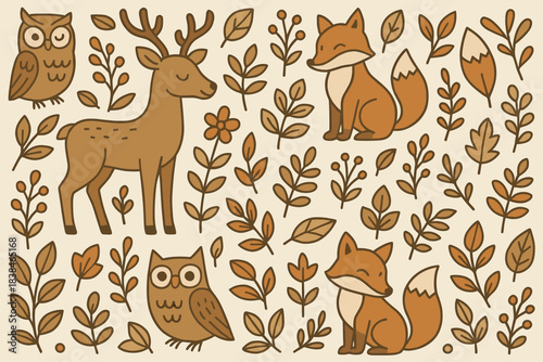 Forest animals and plants in brown tones with a deer, foxes, and owls arranged among leaves and flowers